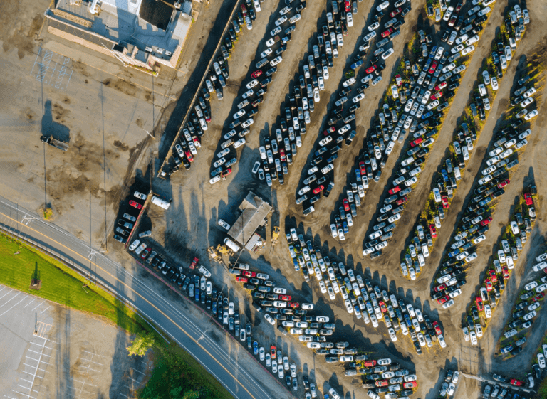 Arial view of a large car terminal. Ask us about our free car wash.